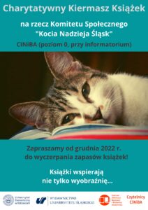 plakat kiermaszu na rzecz zwierząt z kotem i książką w tle