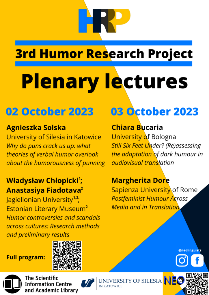 konferencja 3rd Humor research project plakat w barwach żółtej, niebieskiej i białej