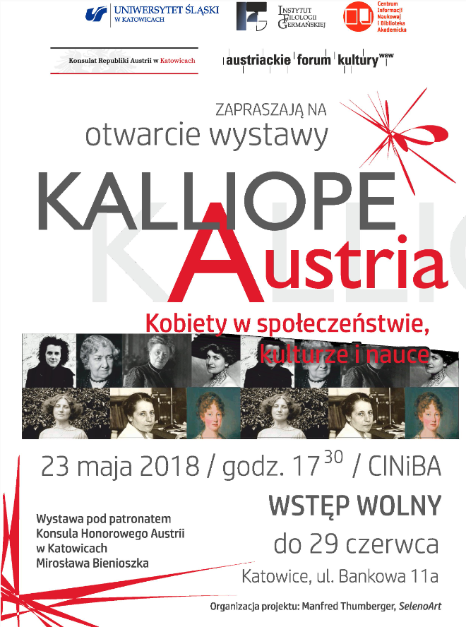 Plakat z dużym napisem "Kalliope Austria. Kobiety w społeczeństwie, kulturze i nauce." Poniżej różne zdjęcia kobiet, a także data, godzina i adres