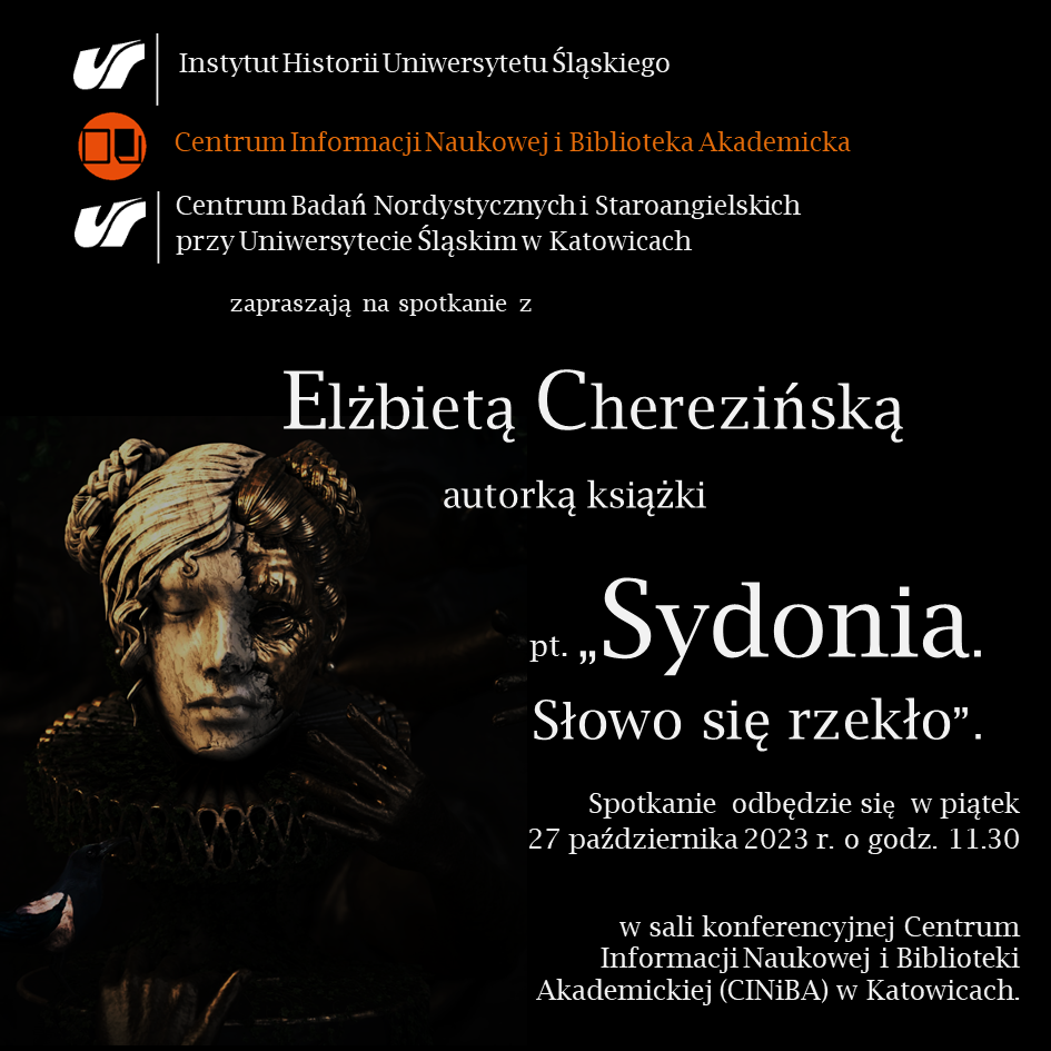 czarny plakat promujący spotkanie z Elżbietą Cherezińską z postacią sydonii