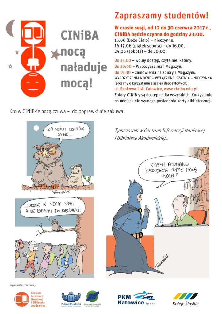 Na zdjęciu plakat z akcji CINiBA nocą z grafikami, na których znajduję się sowa i batman. Przy każdej grafice znajdują się chmurki z podpisami.