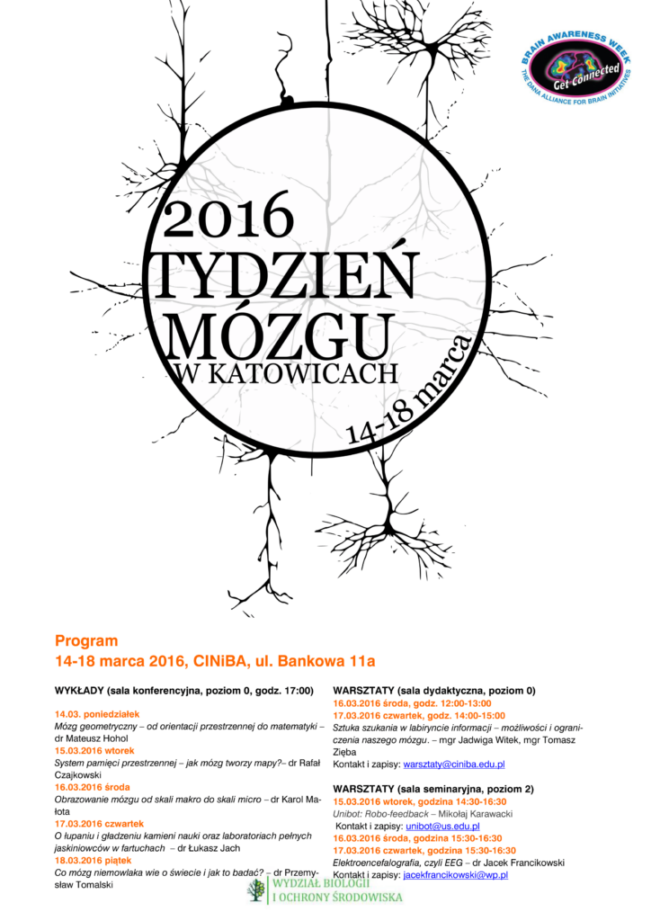 Na zdjęciu plakat, w centrum koło z napisem 2016 Tydzień Mózgu w Katowicach. Z koła wychodzą czarne kreski sugerujące naczynia krwionośne. Poniżej opis programu wydarzenia.