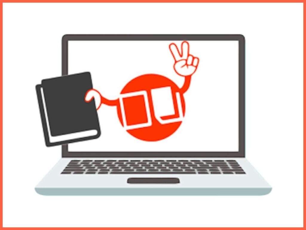 logotyp ciniby z książką w ręku wpisany w ramy laptopa z pomarańczową ramką