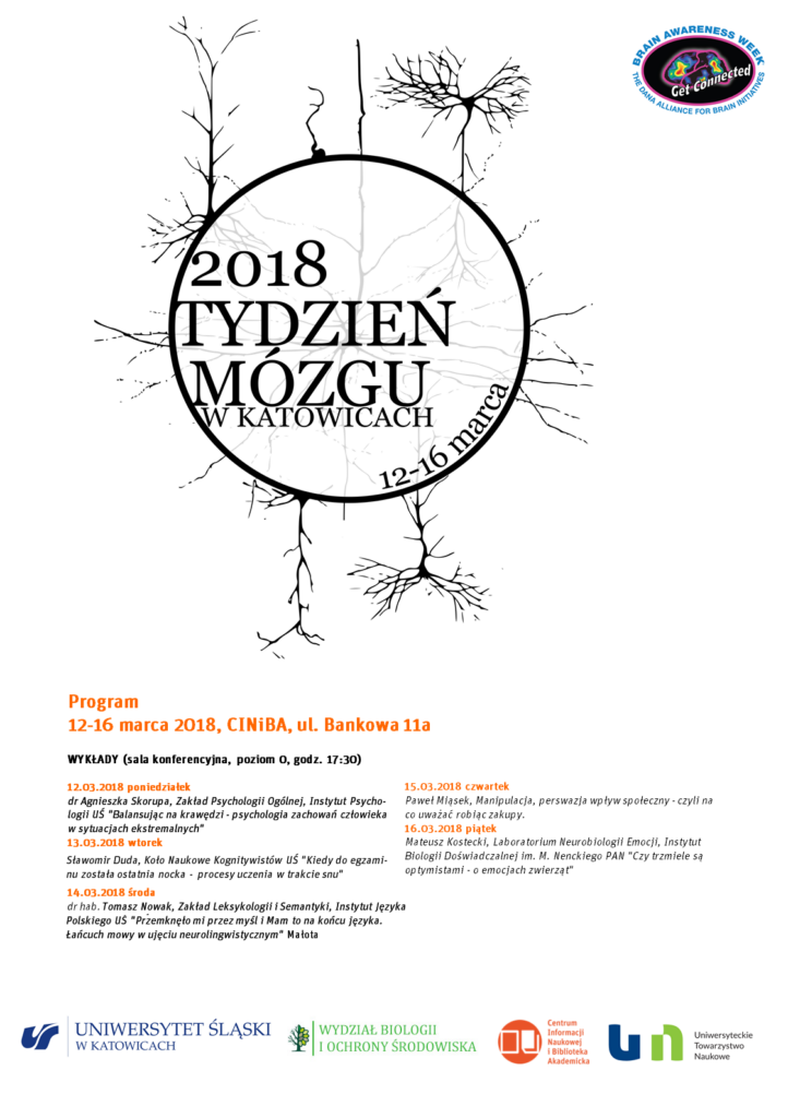 Na zdjęciu plakat, w centrum koło z napisem 2018 Tydzień Mózgu w Katowicach. Z koła wychodzą czarne kreski sugerujące naczynia krwionośne. Poniżej opis programu wydarzenia.