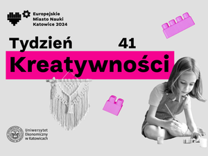 tydzień kreatywności grafika promująca wydarzenie w kolorze szarym i różowym