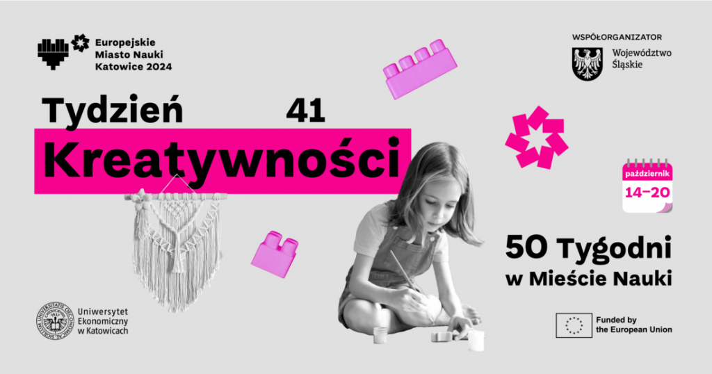 tydzień kreatywności grafika promująca wydarzenie w kolorze szarym i różowym