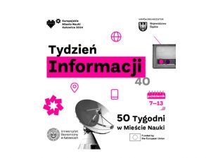 tydzień informacji grafika szara z różowymi elementami przedstawiająca przedmioty związane z przepływem informacji takie jak telefon i radio