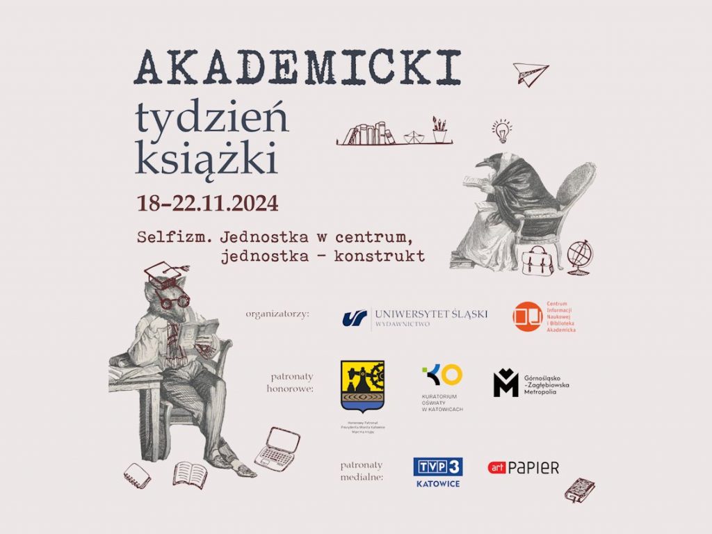 akademicki tydzień książki napis na beżowym tle i grafiki ze zwierzętami i logotypami partnerów