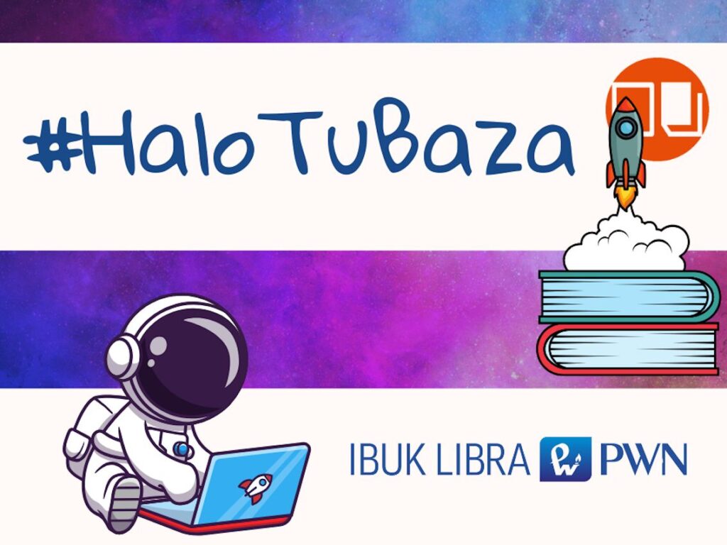 napis halo tu baza z grafiką astronauty i rakiety z książkami na tle kosmosu