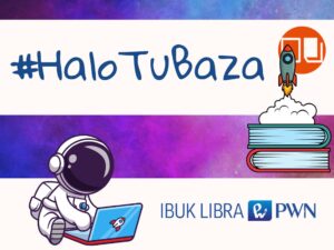napis halo tu baza z grafiką astronauty i rakiety z książkami na tle kosmosu