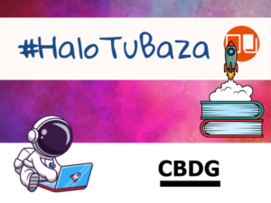 napis #halo tu baza promujący e-źródła z logotypem ceeol, ciniby i rysunkiem astronauty