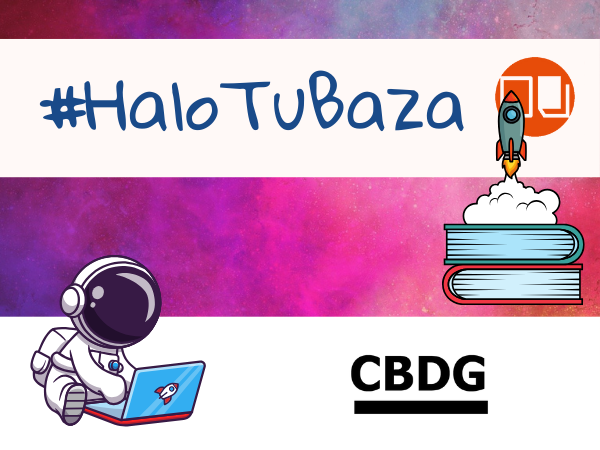 napis #halo tu baza promujący e-źródła z logotypem ceeol, ciniby i rysunkiem astronauty