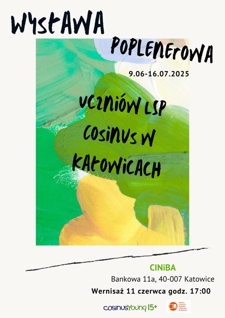 plakat promujący wystawę poplenerową uczniów w kolorach zielonym i żółtym