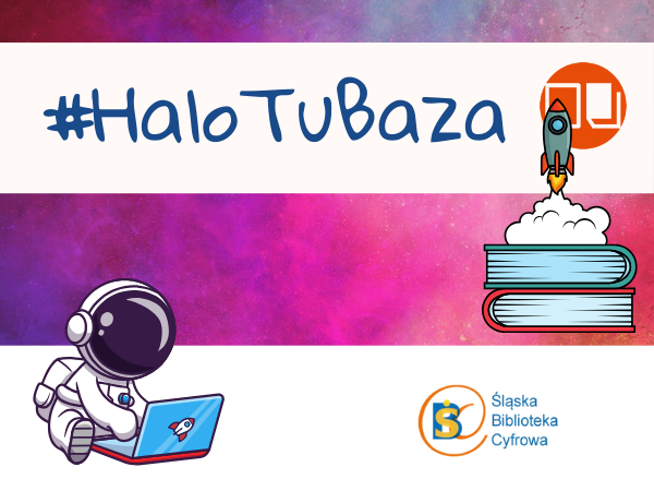 napis #halo tu baza promujący e-źródła z logotypem ceeol, ciniby i rysunkiem astronauty