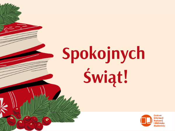 napis spokojnych świąt, obok książki i rośliny, tło beżowe