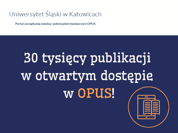 napis: 30 tysiecy publikacji w otwartym dostepie w opus na granatowym tle z grafiką książki