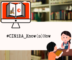 napis ciniba knows how na tle regałów z książkami z grafiką bibliotekarza i czytelnika oraz komputera