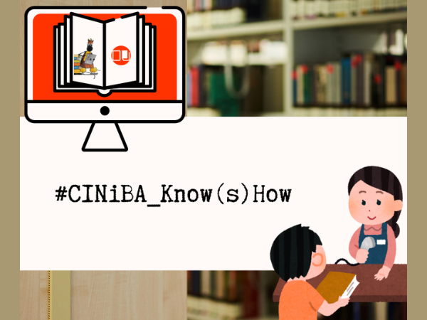 napis ciniba knows how na tle regałów z książkami z grafiką bibliotekarza i czytelnika oraz komputera