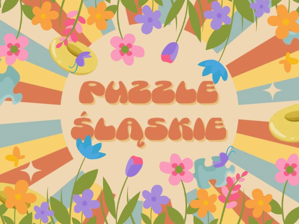 napis puzzle śląskie na tle wiosennych kwiatów
