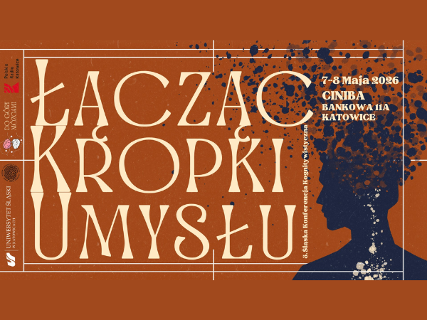 plakat w kolorze brązowym z czarnym szkicem głowy i napisem łącząc kropki umysłu